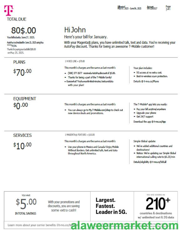 USA T-mobile utility bill template in Word and PDF formats, version 3